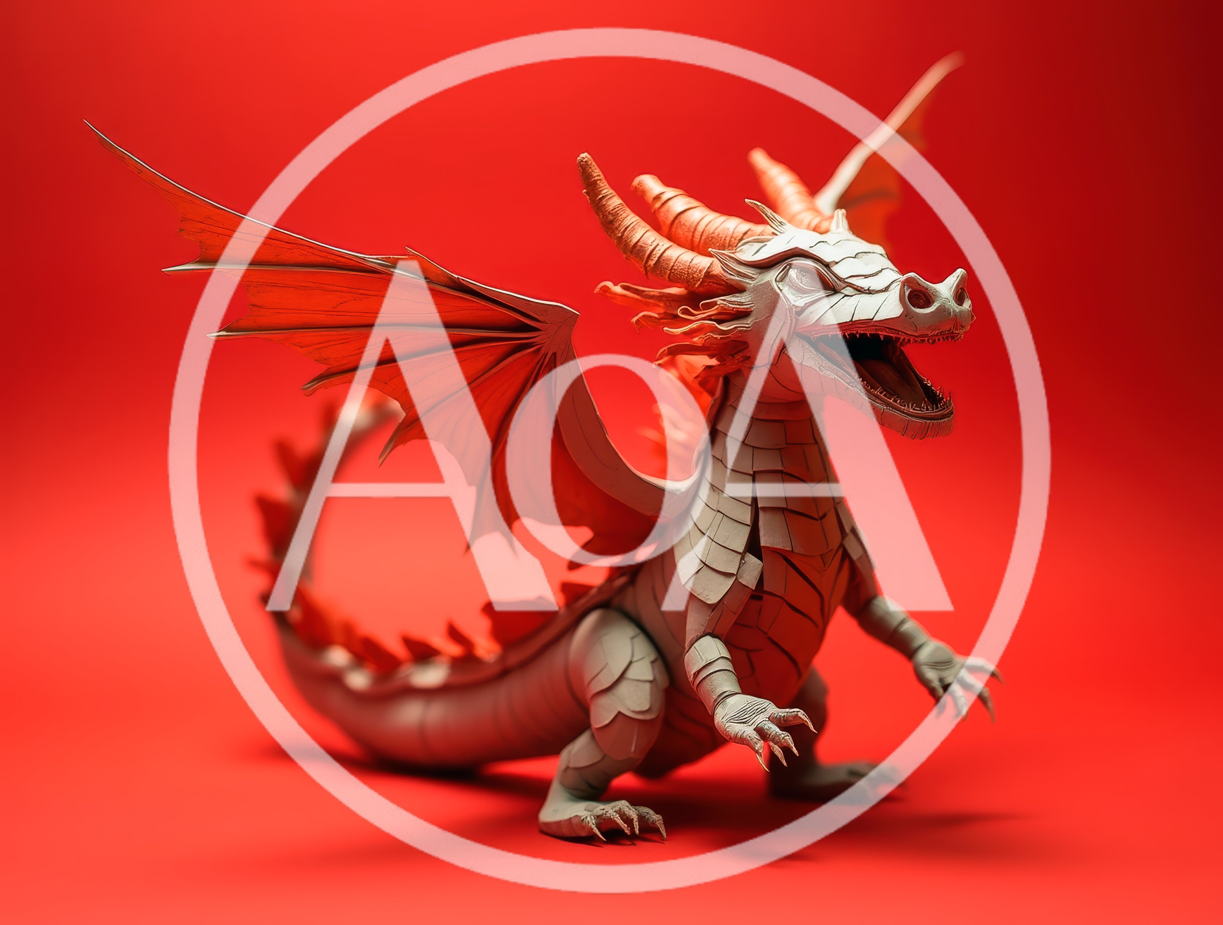 Papercraft Dragon Sculpture On Red Background