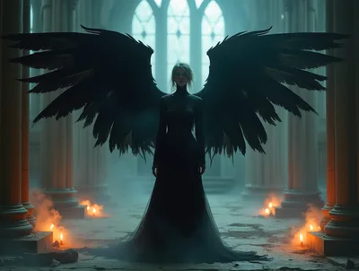 Ethereal Fallen Angel Standing In A Gothic Cathedral