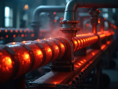 Industrial Pipe System With Glowing Molten Material