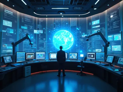 Futuristic Control Room With Data Visualization And Scientist