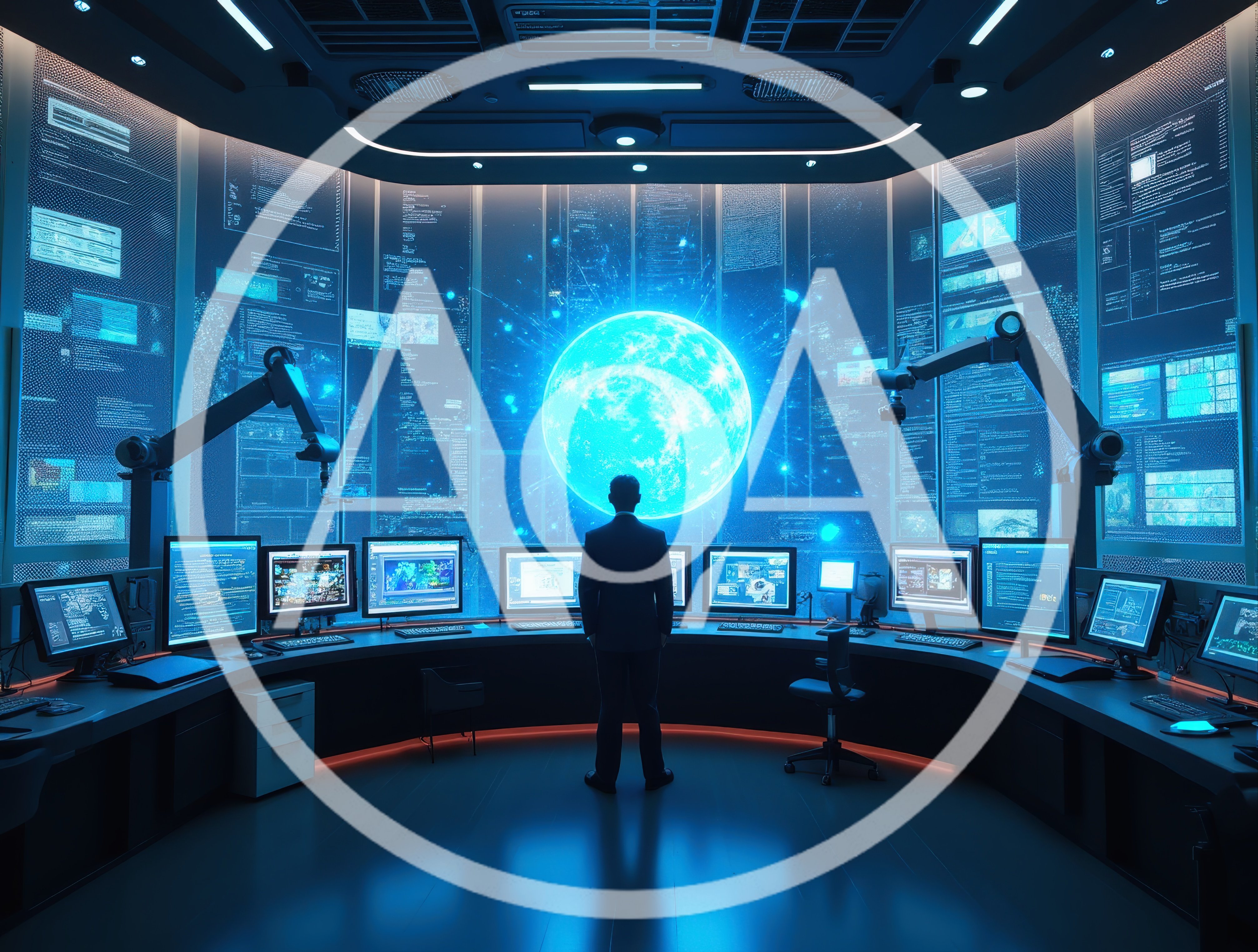 Futuristic Control Room With Data Visualization And Scientist