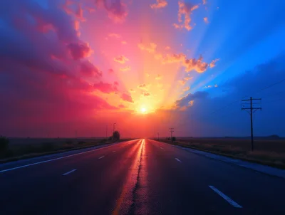 Empty Highway Stretching Toward A Vibrant Sunset