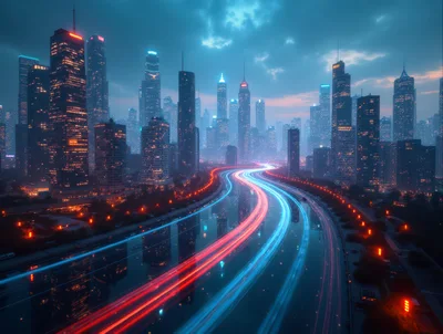Futuristic City Skyline With Light Trails At Night