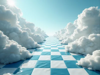 Surreal Checkerboard Path Through Fluffy Clouds