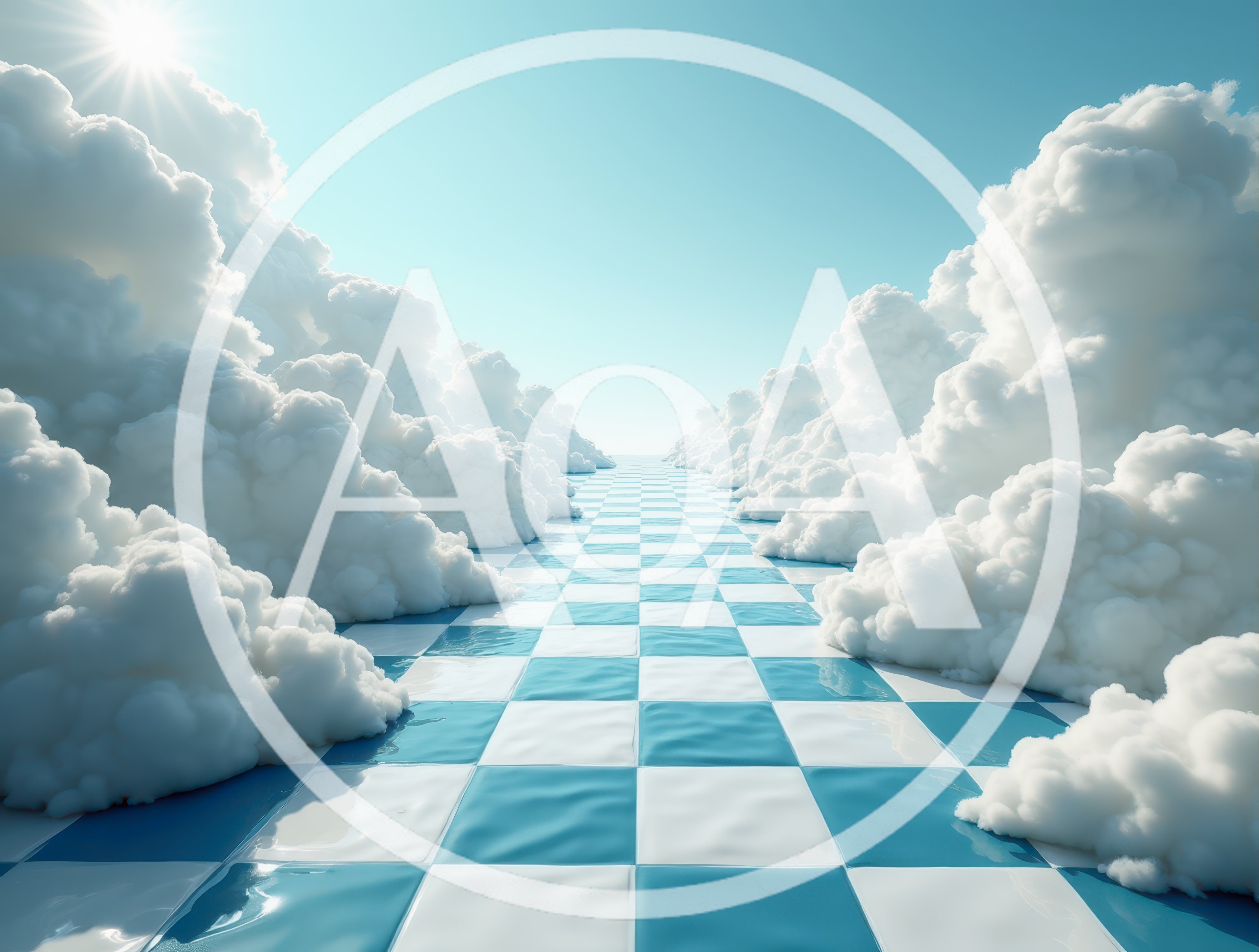 Surreal Checkerboard Path Through Fluffy Clouds