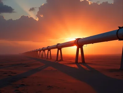 Industrial Pipeline Stretching Across Desert Landscape at Sunset
