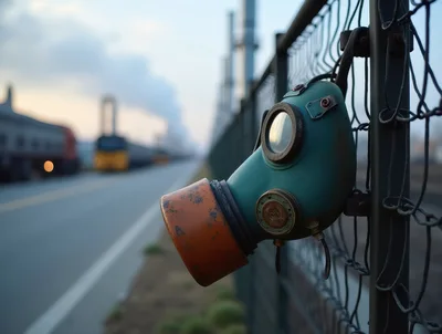 Vintage Gas Mask Hanging on Industrial Chain Link Fence