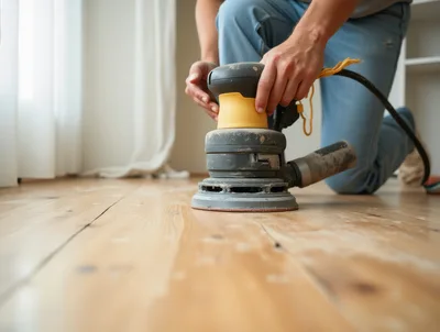 Worker Sanding Wooden Floor With Orbital Sander
