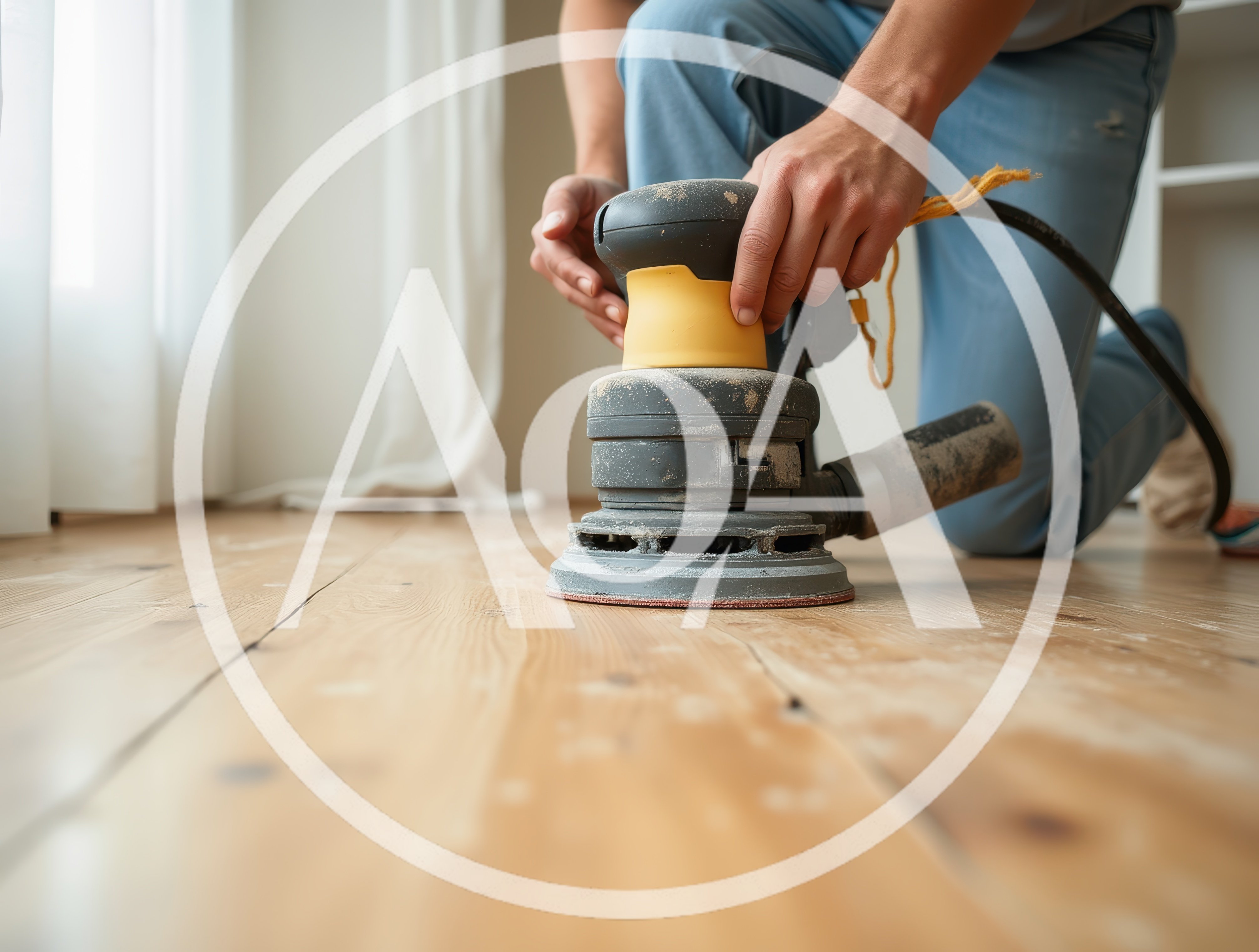 Worker Sanding Wooden Floor With Orbital Sander