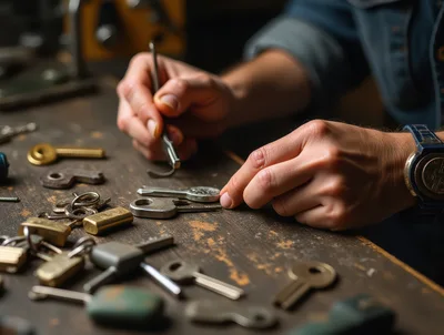 Locksmith Working With Keys And Tools On Workbench