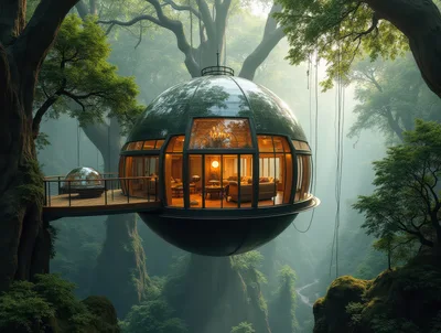 Futuristic Glass Sphere Treehouse Suspended In Misty Forest