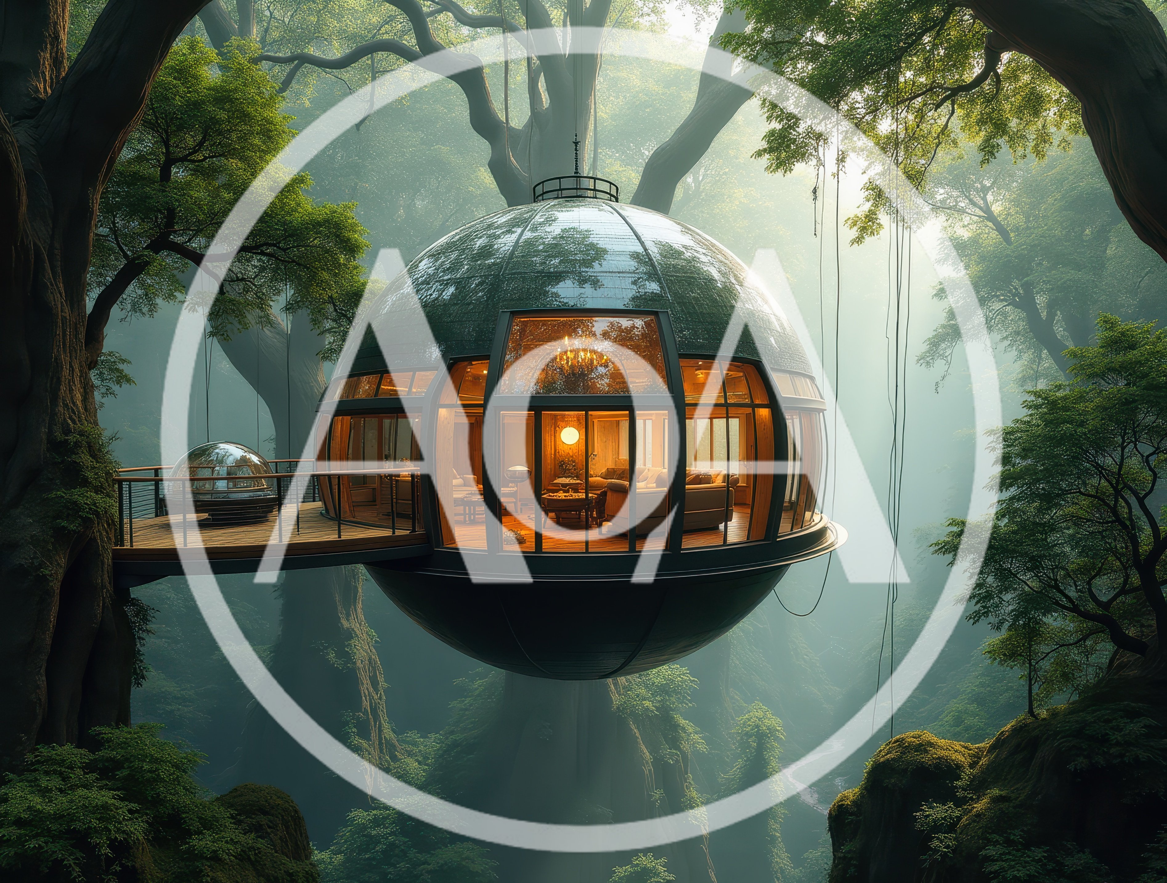 Futuristic Glass Sphere Treehouse Suspended In Misty Forest