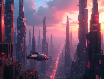 Futuristic Cyberpunk Cityscape With Flying Vehicle At Sunset