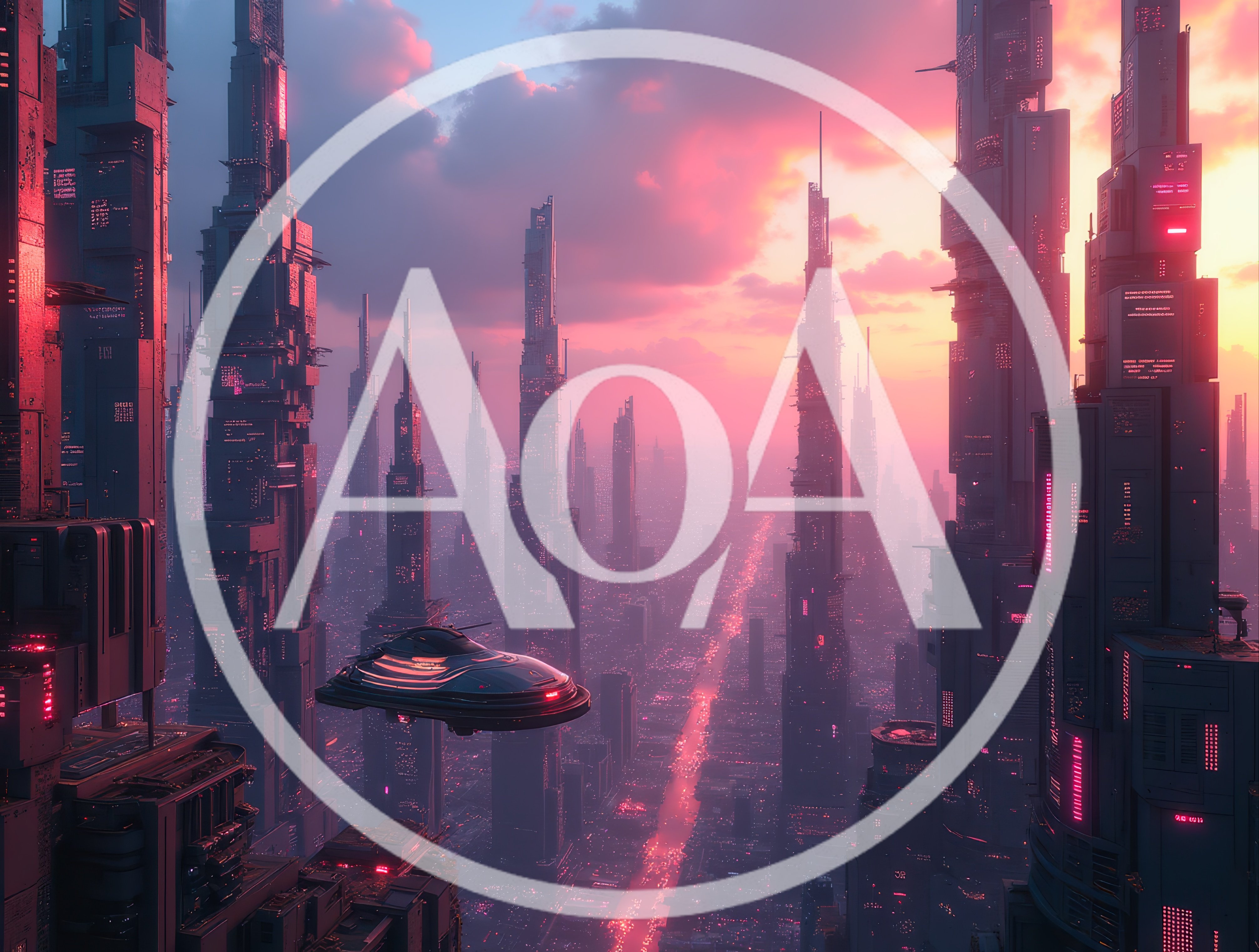 Futuristic Cyberpunk Cityscape With Flying Vehicle At Sunset