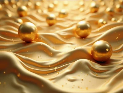 Golden Spheres Resting On Wavy Satin Fabric