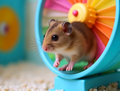 Cute Hamster Running In A Colorful Exercise Wheel