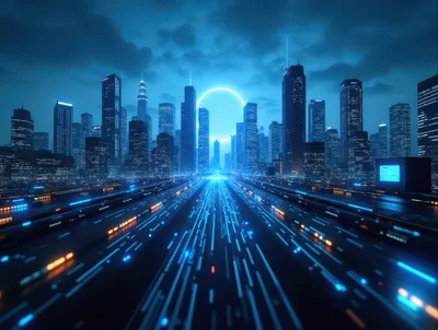 Futuristic Cyberpunk Cityscape With Glowing Light Trails