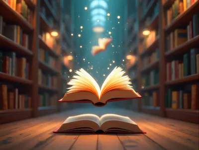 Magical Open Books Floating In A Library