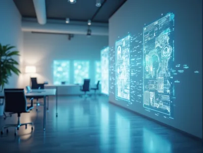 Futuristic Office Interior With Holographic Data Displays
