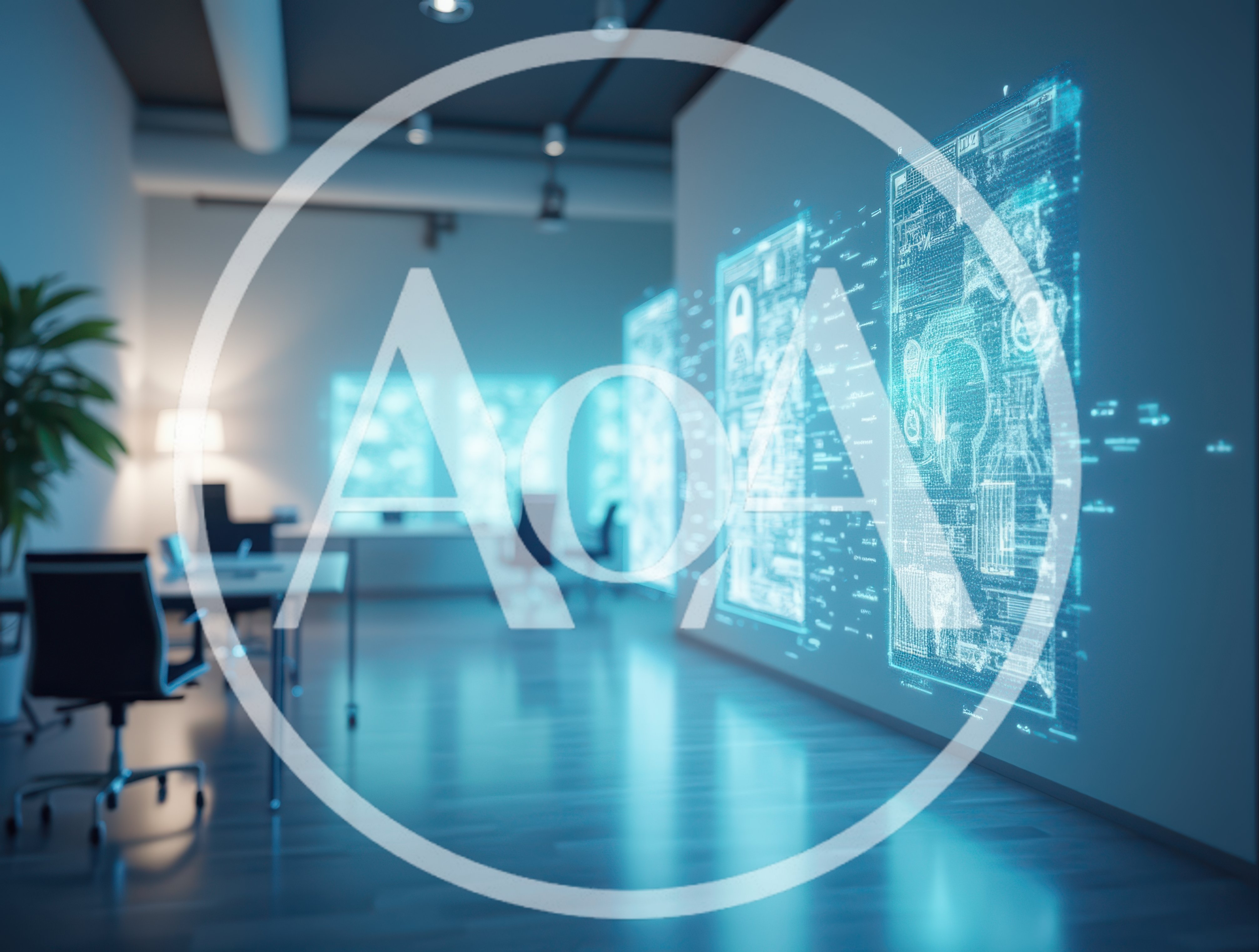 Futuristic Office Interior With Holographic Data Displays