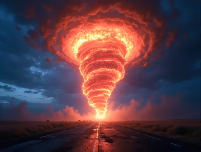 Fiery Tornado Swirling Above A Desert Highway