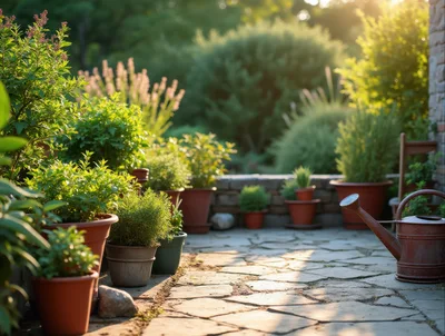 Potted Plants on a Sunny Stone Patio