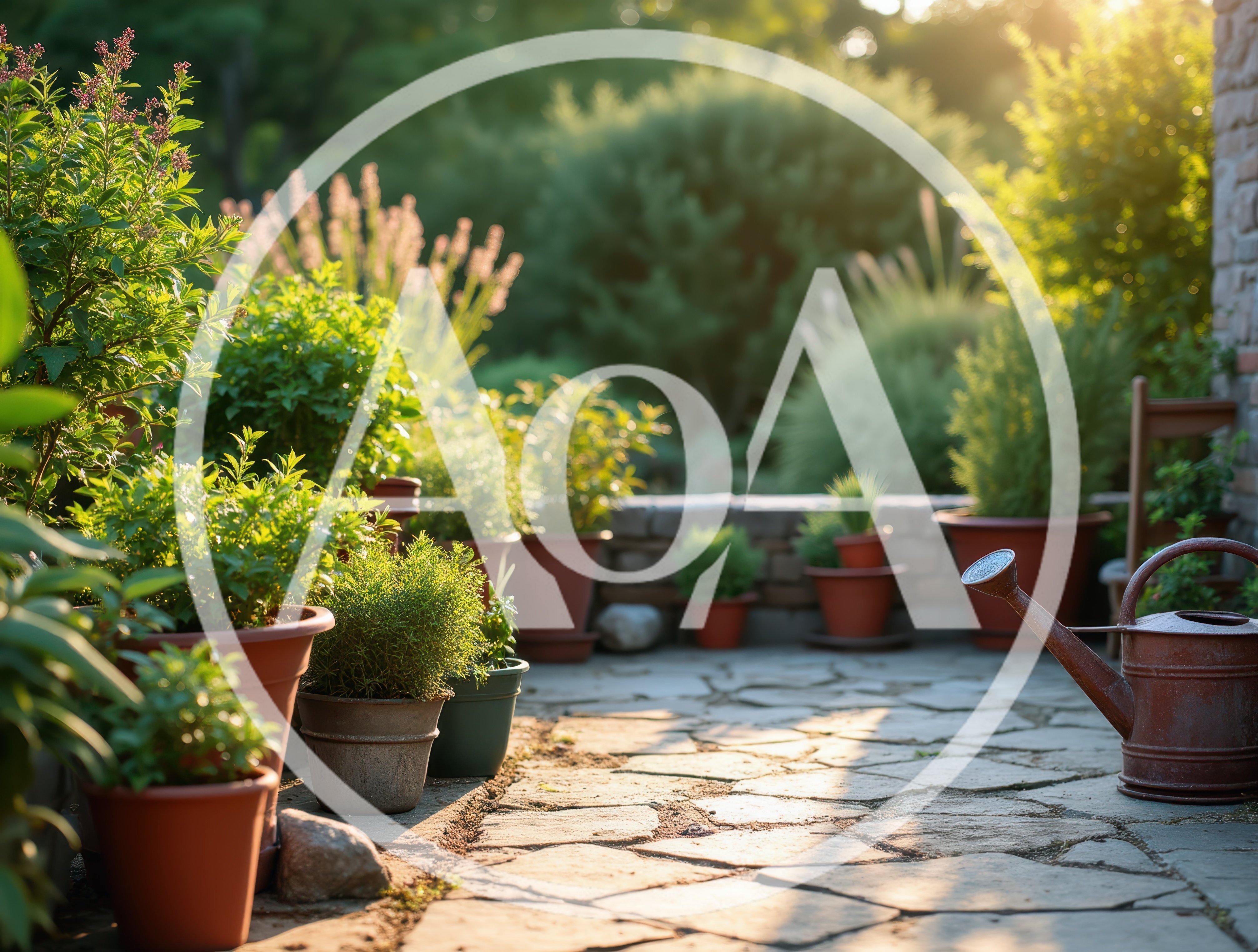 Potted Plants on a Sunny Stone Patio
