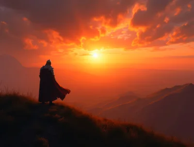 Knight Standing On A Mountain Ridge At Sunset