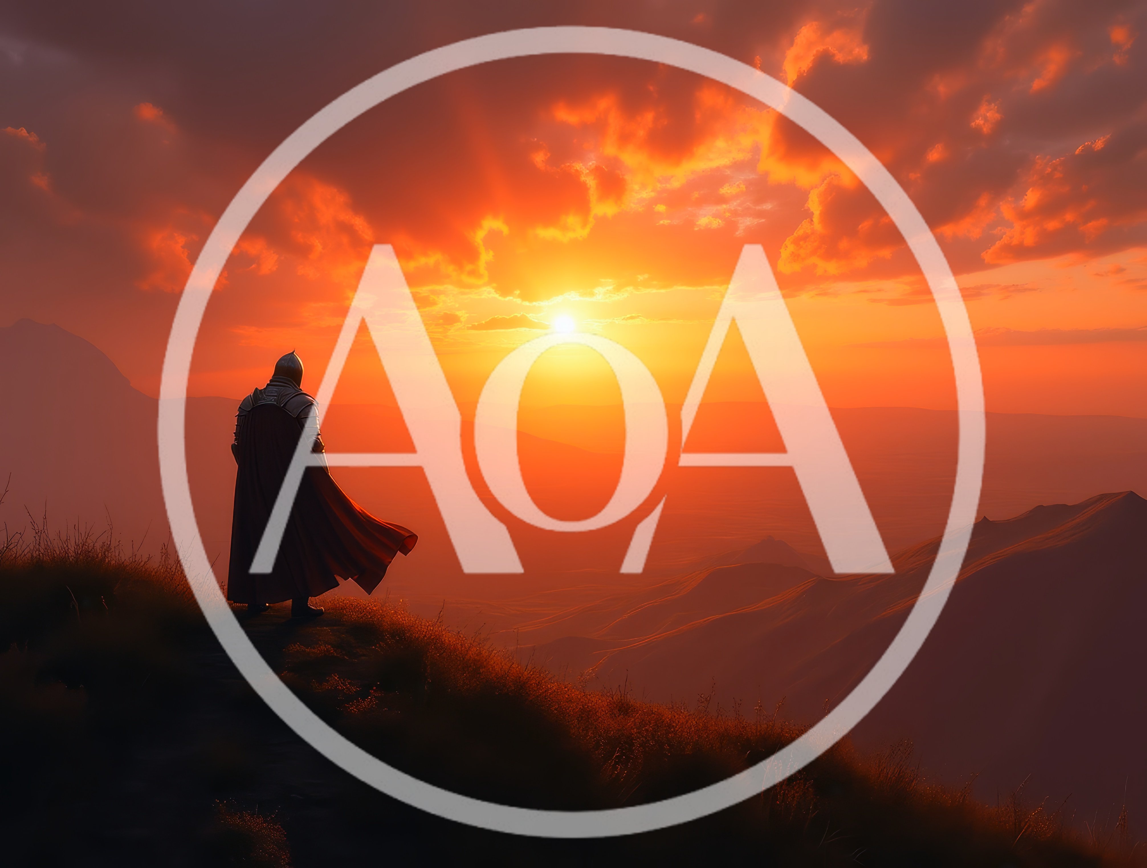 Knight Standing On A Mountain Ridge At Sunset