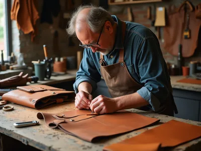 Artisan Leatherworker Crafting A Handmade Bag In Workshop