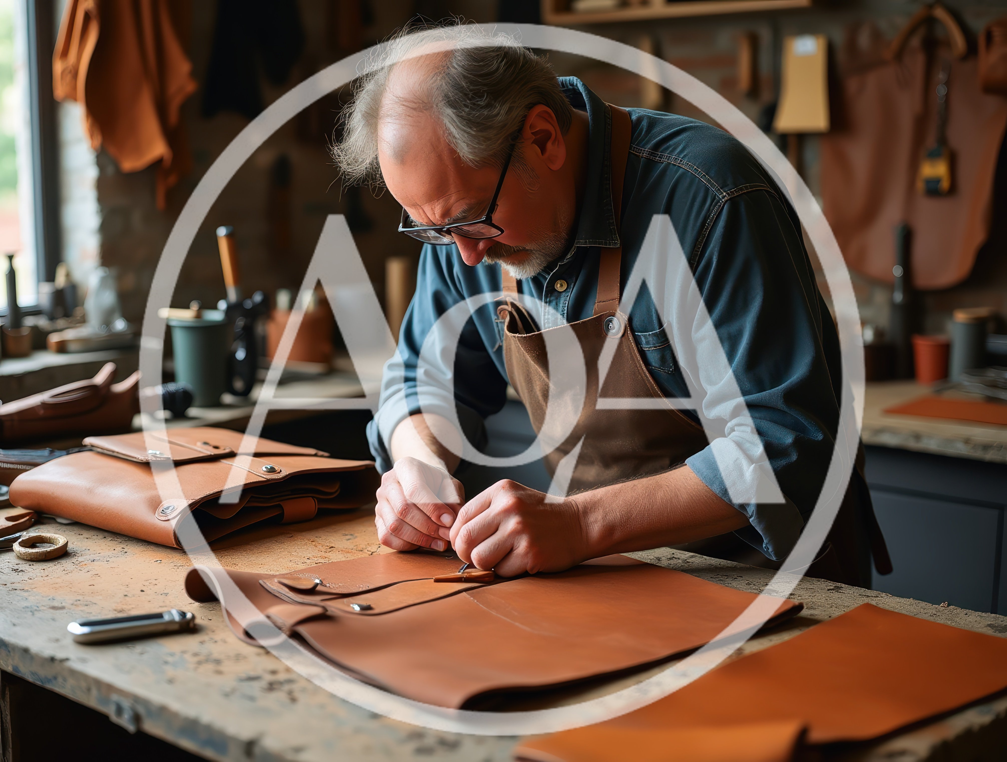 Artisan Leatherworker Crafting A Handmade Bag In Workshop