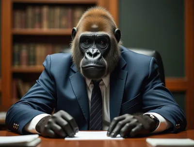 Gorilla Businessman Sitting At Desk In Office