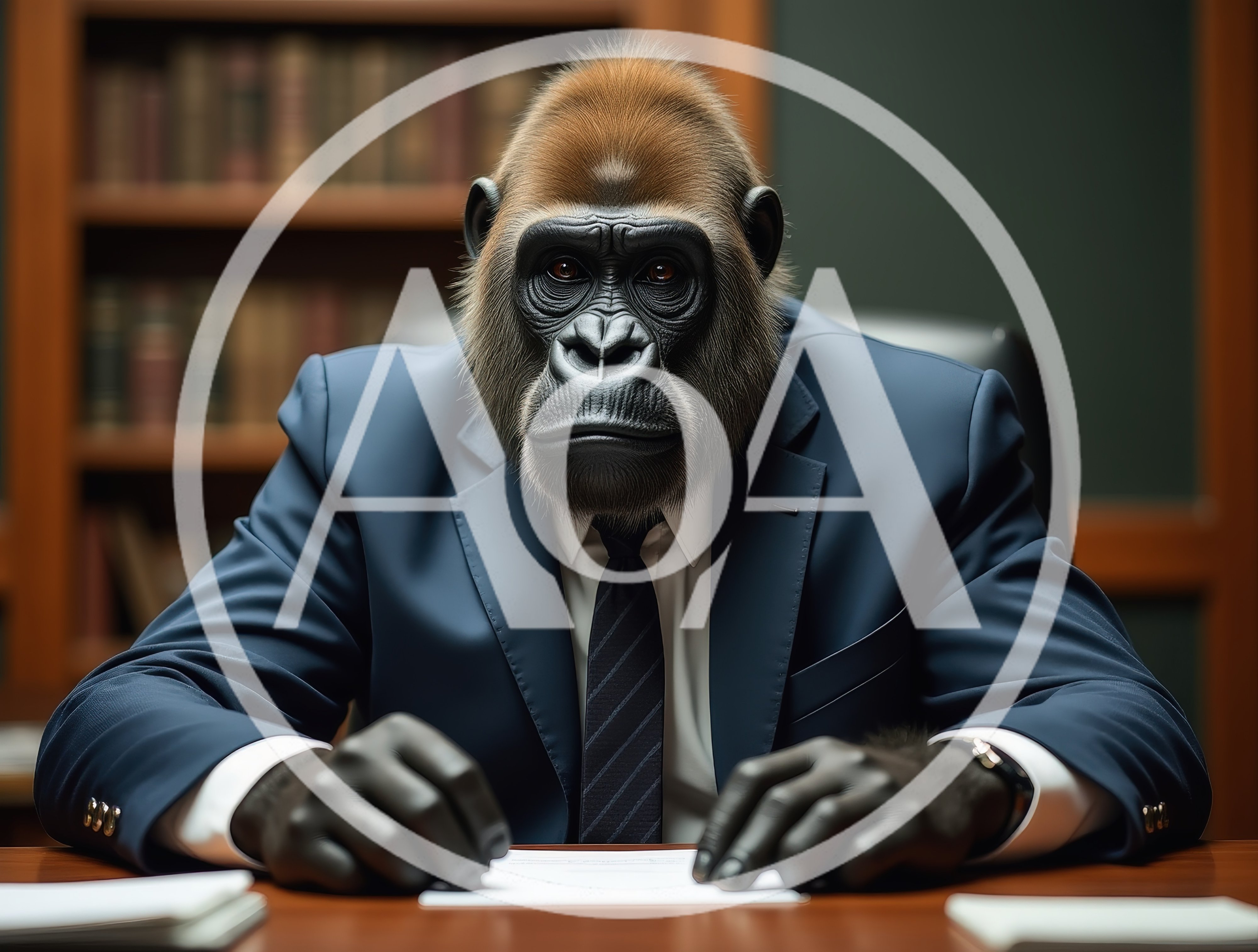 Gorilla Businessman Sitting At Desk In Office