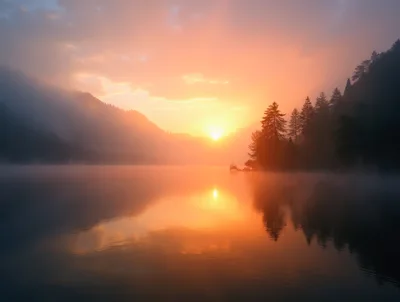 Golden Sunrise Over A Misty Mountain Lake