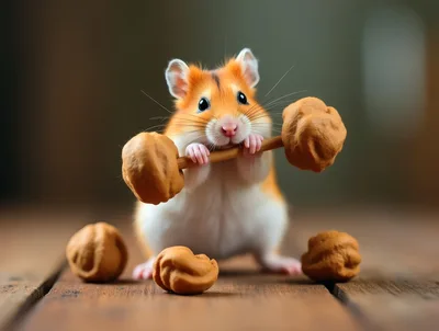 Cute Hamster Lifting A Homemade Nut Barbell