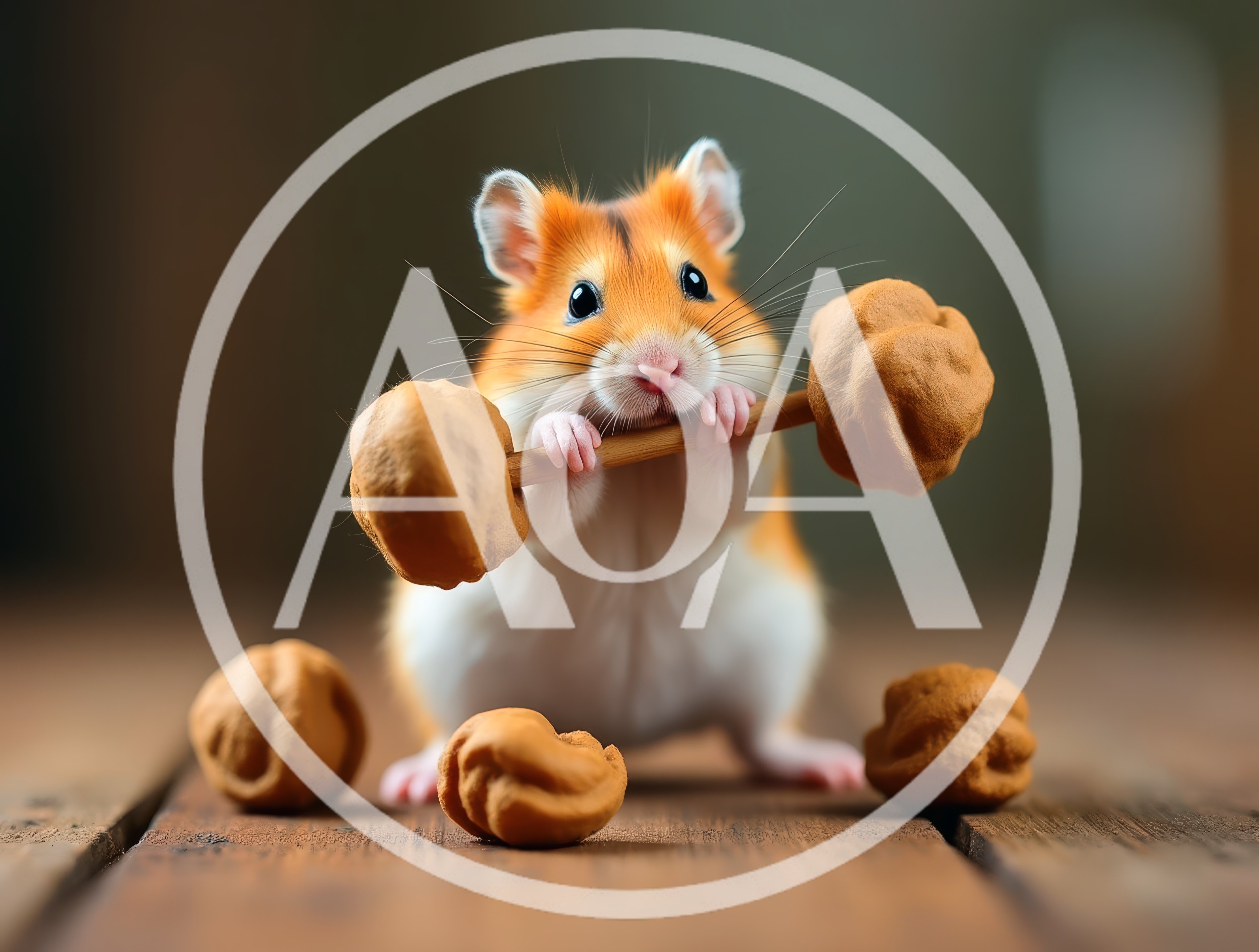 Cute Hamster Lifting A Homemade Nut Barbell