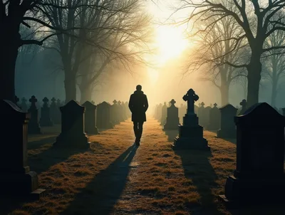 Silhouette Of A Man Walking Through A Misty Cemetery