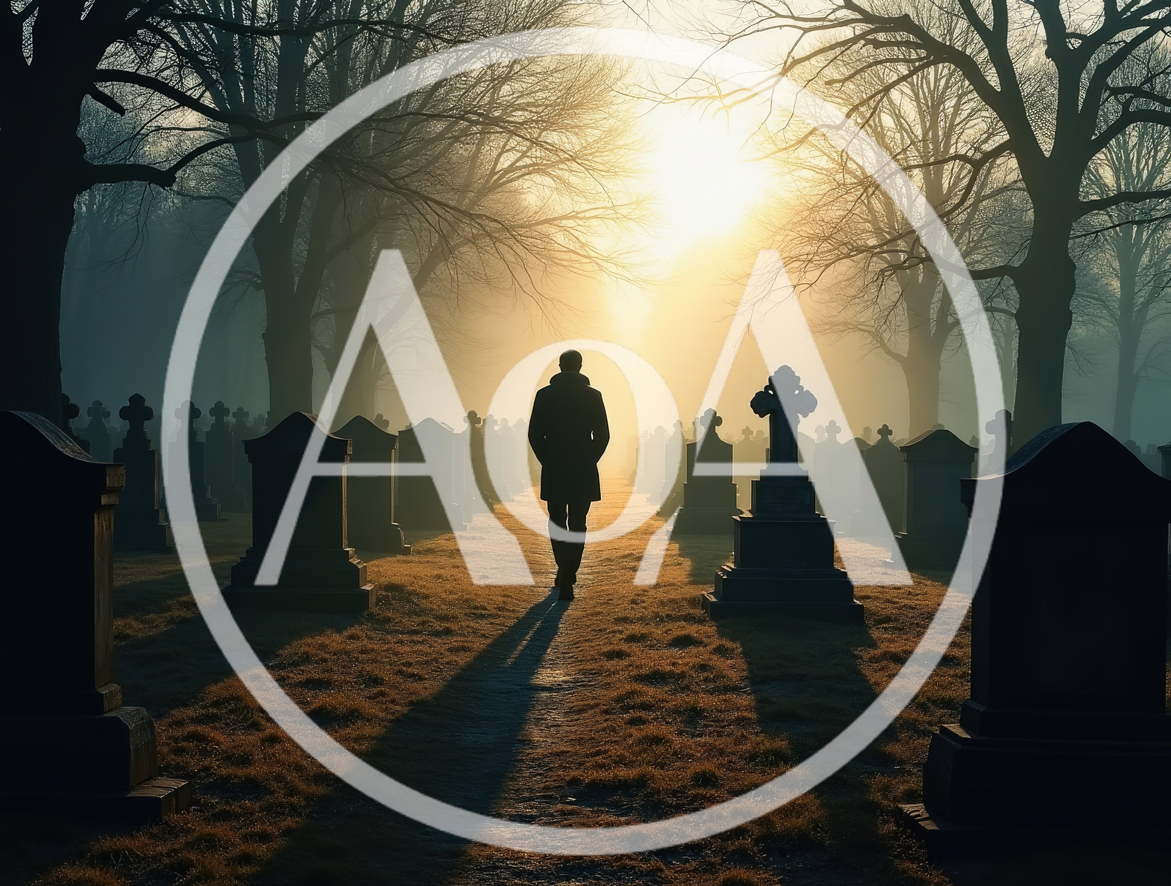 Silhouette Of A Man Walking Through A Misty Cemetery