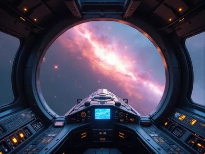 Futuristic Spaceship Cockpit View Of A Glowing Nebula
