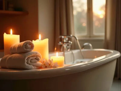 Relaxing Spa Bath With Candles And Rolled Towels
