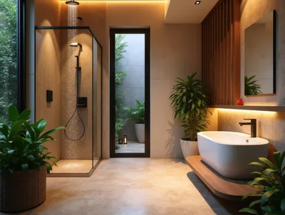 Modern Luxury Bathroom Interior With Shower And Bathtub