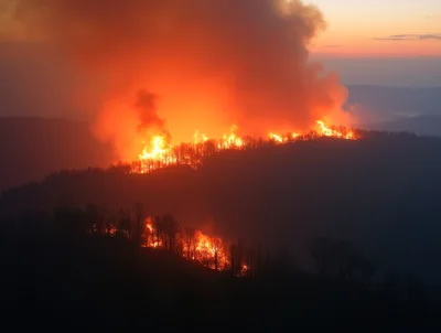 Forest Fire Burning On A Mountain Ridge
