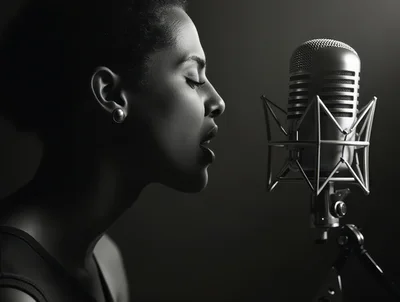 African American Woman Singing Into A Vintage Studio Microphone