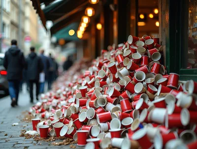 Large Pile Of Discarded Red Coffee Cups On City Sidewalk
