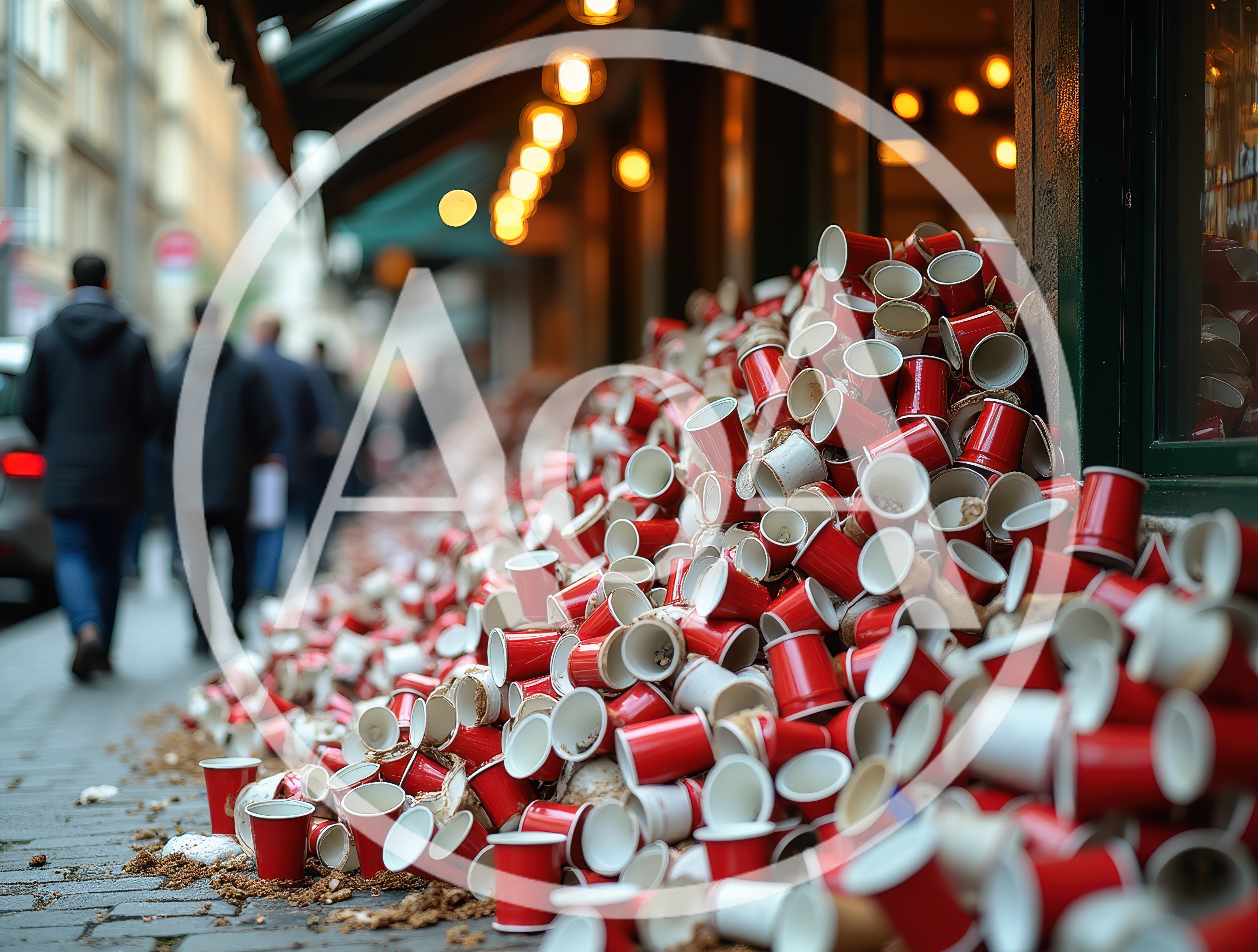 Large Pile Of Discarded Red Coffee Cups On City Sidewalk
