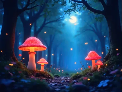 Glowing Red Mushrooms in a Magical Enchanted Forest