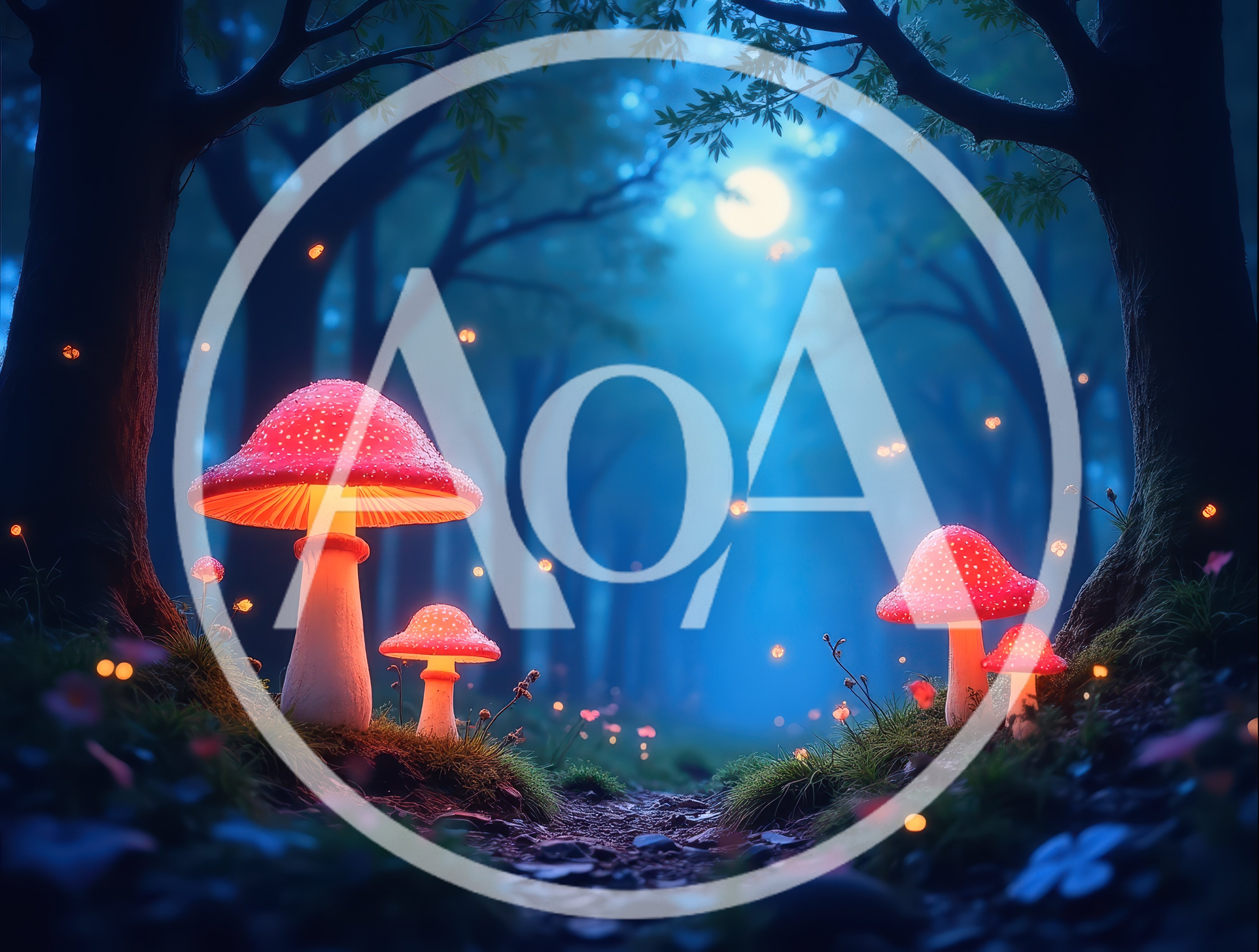 Glowing Red Mushrooms in a Magical Enchanted Forest