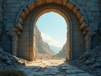 Ancient Stone Archway Opening To A Desert Mountain Landscape