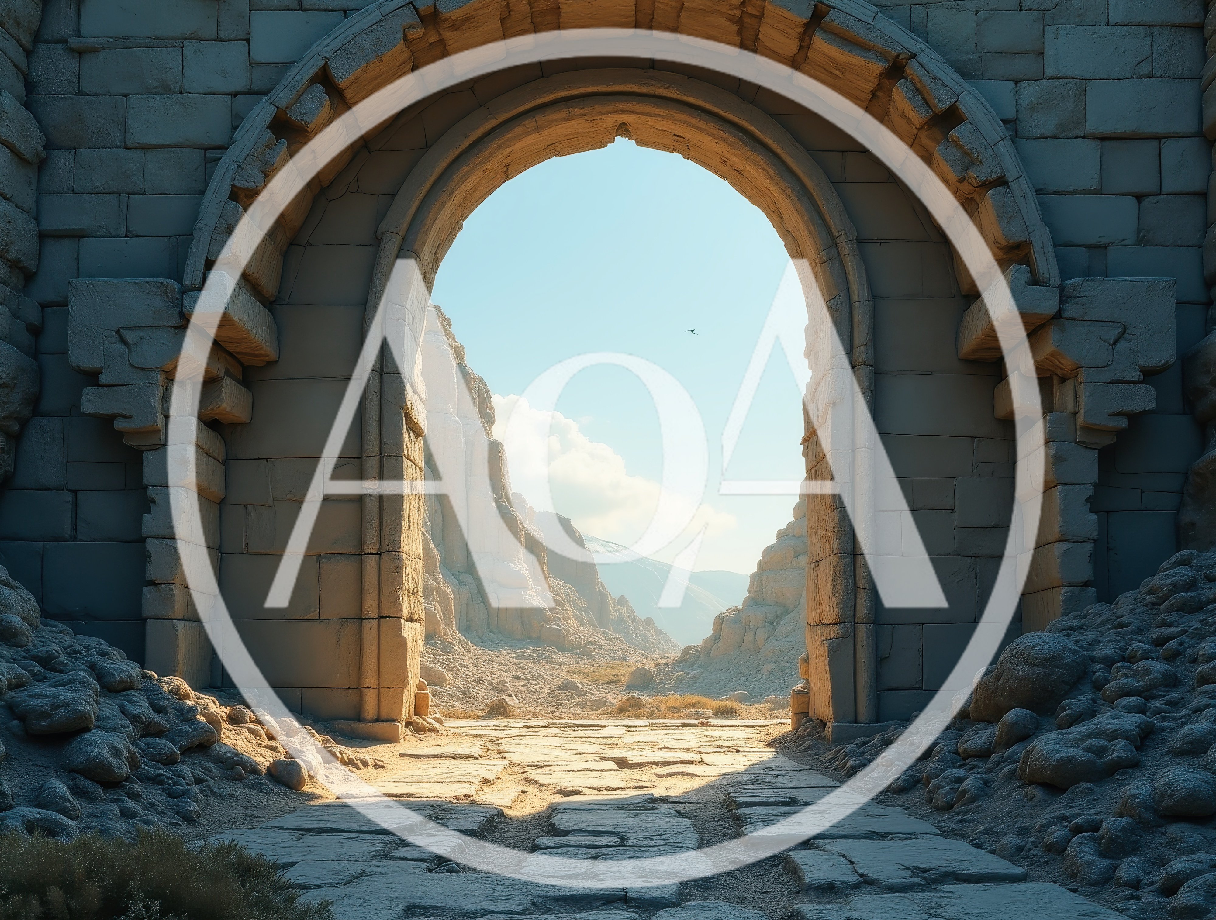 Ancient Stone Archway Opening To A Desert Mountain Landscape