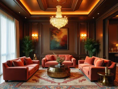 Luxurious Living Room With Velvet Sofas And Chandelier